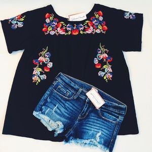 Black // Bell Sleeve Floral Embroidered Top